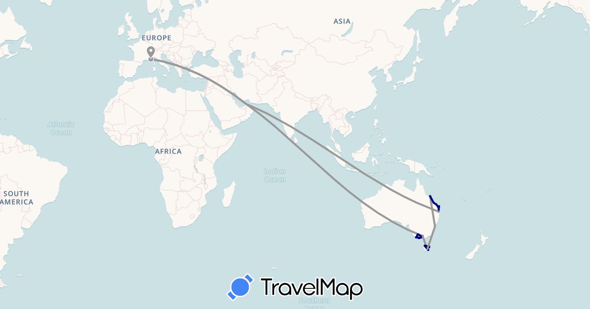 TravelMap itinerary: driving, bus, plane, boat in United Arab Emirates, Australia, France (Asia, Europe, Oceania)