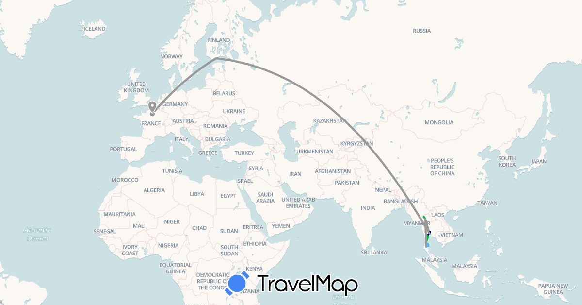 TravelMap itinerary: driving, bus, plane, boat in Finland, France, Thailand (Asia, Europe)